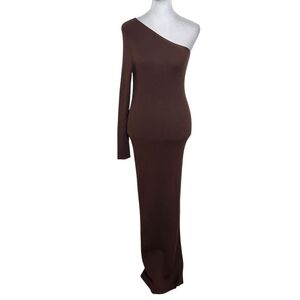Jolie & Joy Brown Ribbed Knit Bodycon One-Shoulder Midi Dress NWT Size Medium